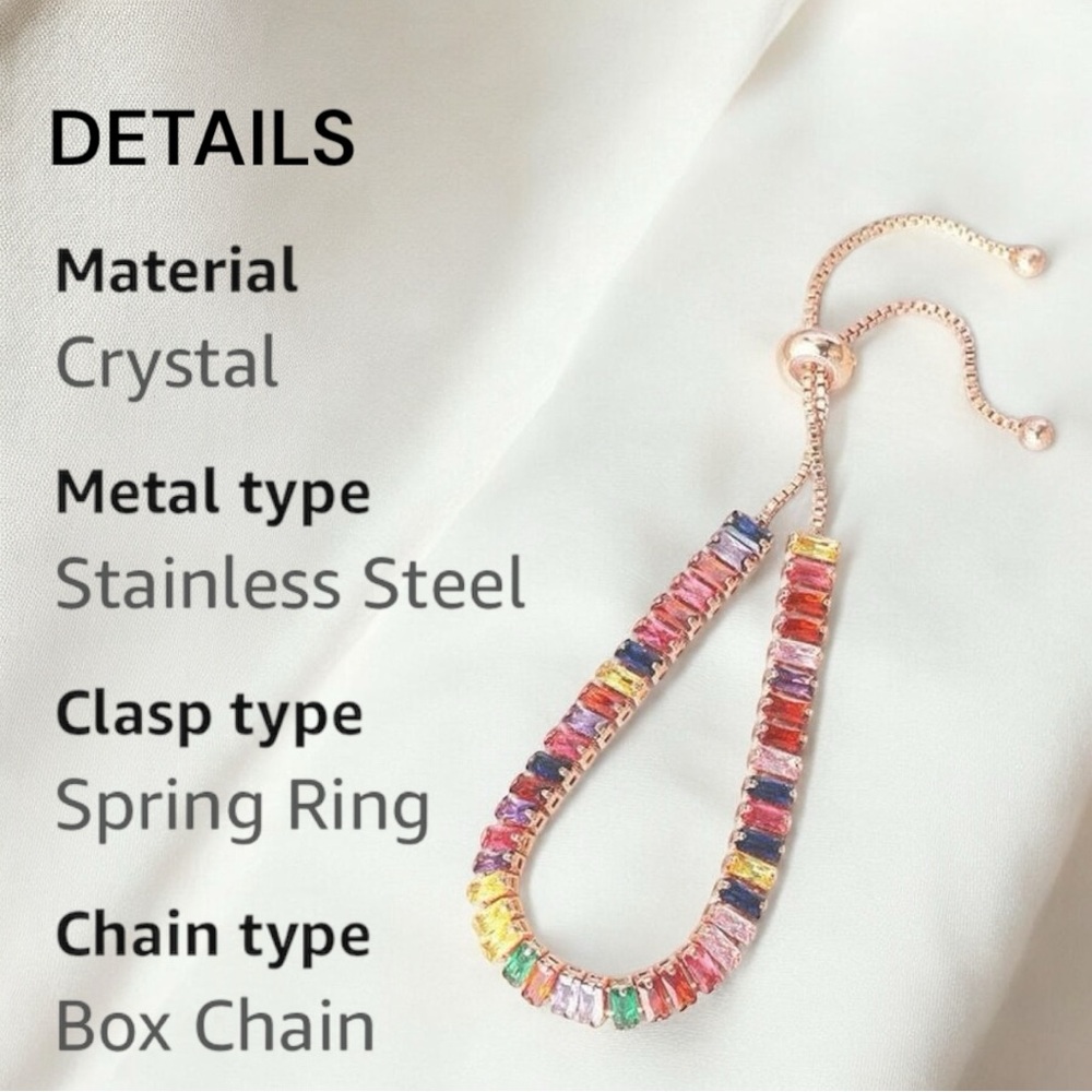 Multicolor Adjustable Tennis Bracelet. Gold w/adjustable slider-up to 10”! - Picture 7 of 14